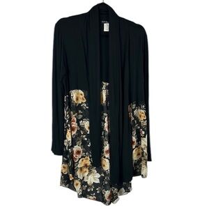 Kim & Cami Whimsical Floral Sheer Open Front Cardigan Medium Black FLAW
